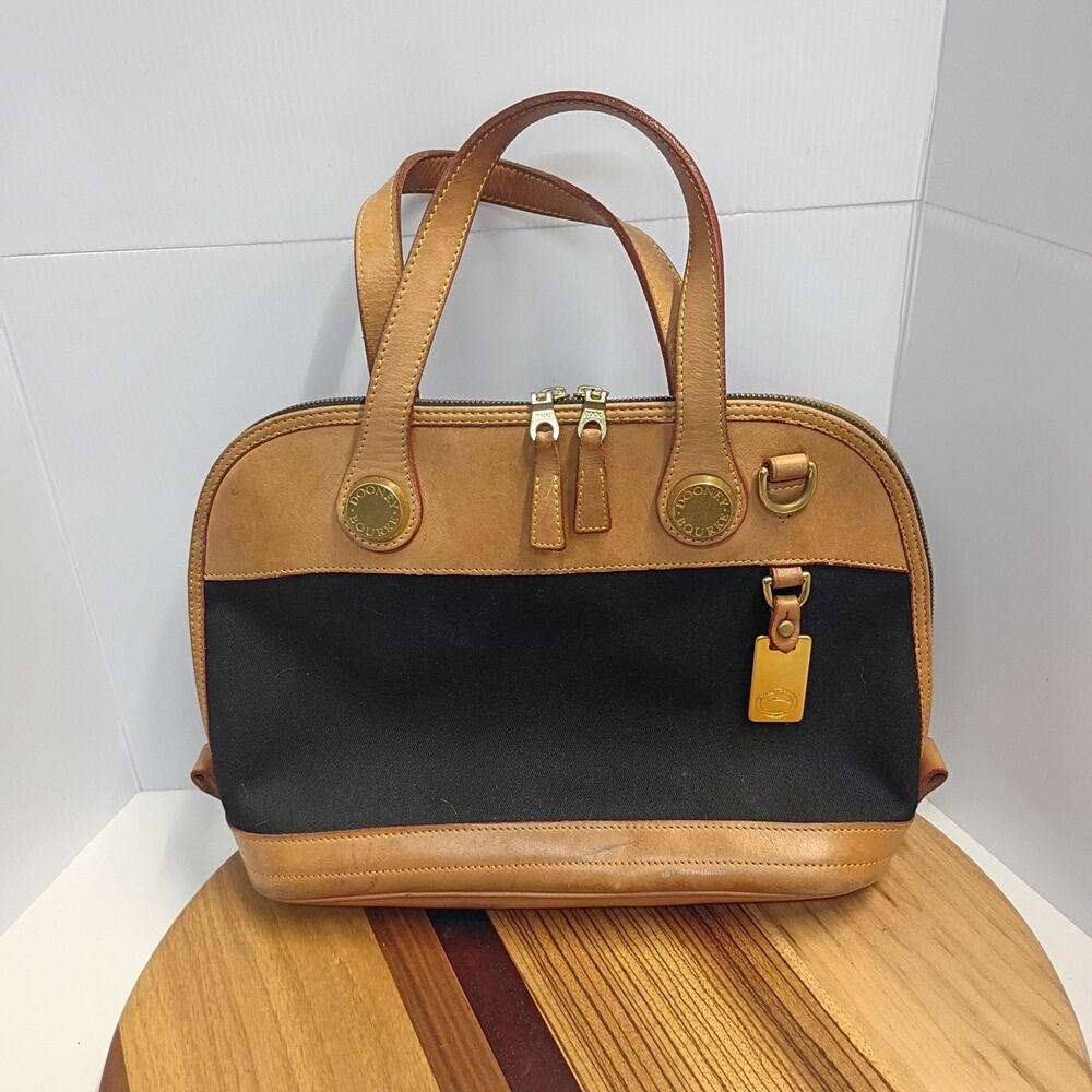 Vintage Authentic Dooney & Bourke Canvas Cabriolet Domed Satchel in Blk & Tan